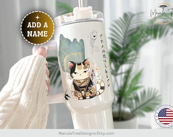 Japanese Cat Tumbler with Name, personalized Japanese Cat tumbler 40oz with handle, Japanese Cat Cup, Cat Lover Tumbler, Cute Cat mug