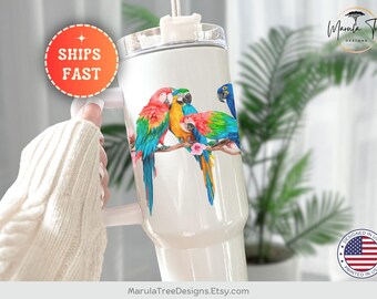 Parrot tumbler, Personalized Parrot Tumbler 40oz, Custom Birbs Tumbler for Exotic Bird Lovers, Tropical Birds Tumbler, Paradise Cup,