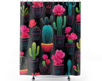 Cortina de ducha con cactus neón, cortina de ducha con flores suculentas, decoración de baño con cactus, cortina de ducha con plantas verdes, cortina de baño con cactus