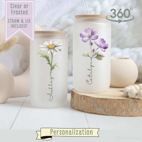 Glass Tumbler, Personalized Birth Flower Cup, Bridesmaid Proposal Name Gift, Custom Iced Coffee, Bachelorette Glass Cup with Lid and Straw