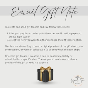May include: A promotional image with the text "Email Gift Note" and instructions on how to create and send gift teasers on Etsy. A black gift box with a gold bow is featured. The Marula Tree Designs logo is in the bottom right corner.