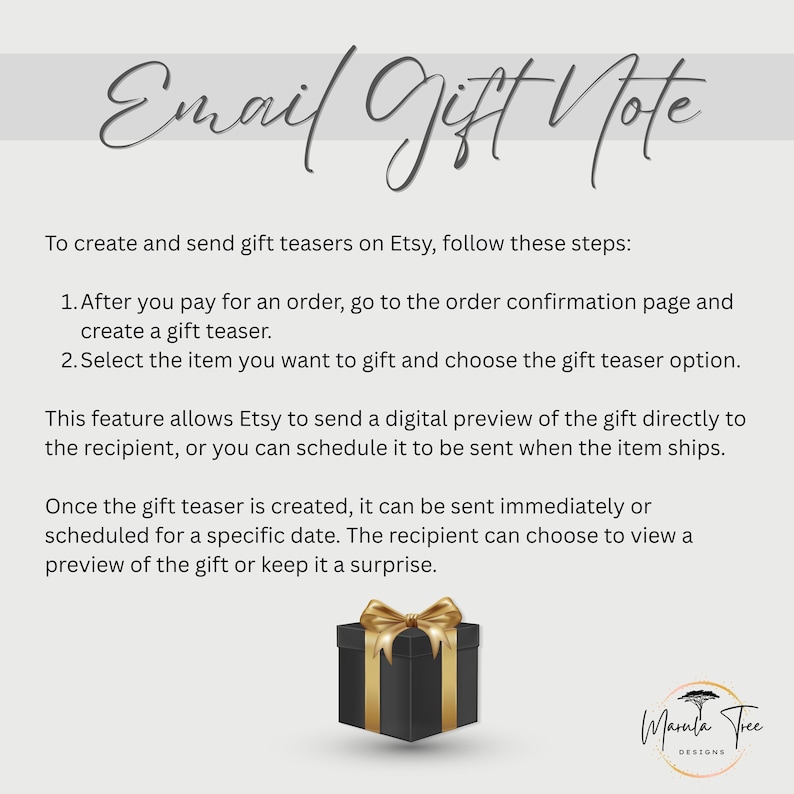 May include: A promotional image with the text "Email Gift Note" and instructions on how to create and send gift teasers on Etsy. A black gift box with a gold bow is featured. The Marula Tree Designs logo is in the bottom right corner.
