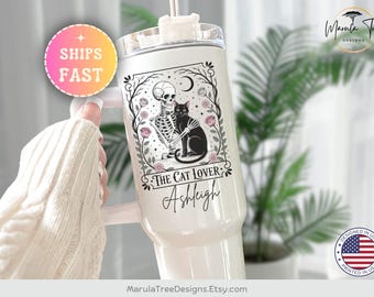 The Cat Lover Tarot Tumbler, personalized Cat Lover Gift, Cat mom tumbler, Funny Cat Tumbler, Black Cat Tumbler, Halloween skeleton and cat
