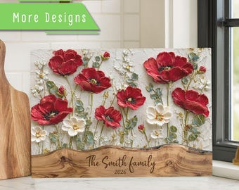 Personalized Wildflower Glass Cutting Board, Faux Wood Poppy Tulip Cutting Board, Custom Floral Kitchen Decor Gift for Her