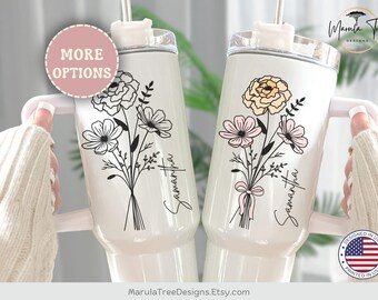 Personalized Birth Flower Tumbler 40oz, bridesmaid tumbler, Birthmonth flower tumbler, Bridesmaids Proposal Cup, Custom Friend birthday Mug
