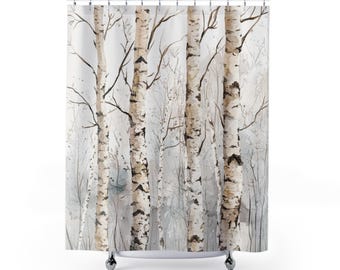 Cortina de ducha con estampado de álamo blanco, cortina de ducha de abedul con árboles, cortina de bañera con paisaje arbóreo, cortinas de bañera con diseño de bosque invernal boscoso
