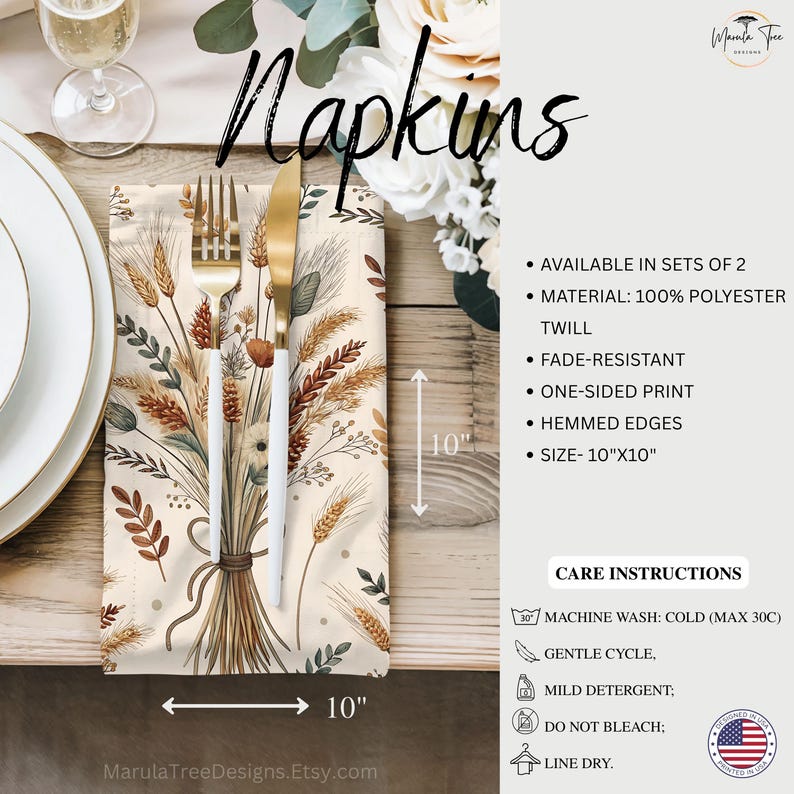 May include: Cream-colored napkin with a wheat and floral design, measuring 10 inches by 10 inches. The napkin is made of 100% polyester twill and features a one-sided print with hemmed edges. A gold fork and knife are placed on top.