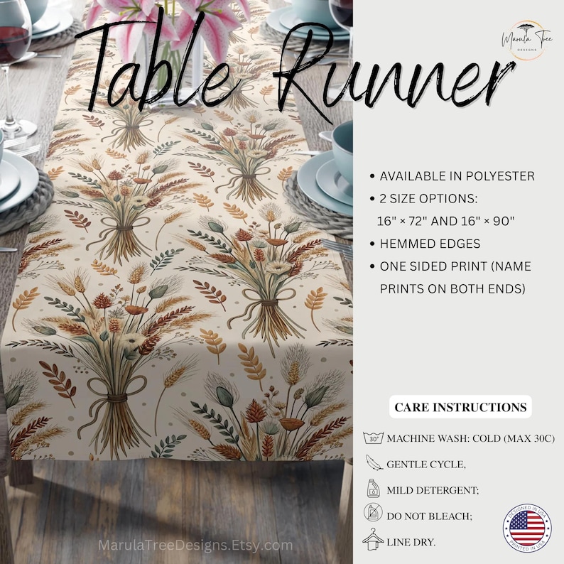May include: Cream-colored table runner with a repeating pattern of wheat and floral bouquets. The text "Table Runner" is displayed in a script font. The runner is available in two sizes: 16" x 72" and 16" x 90".