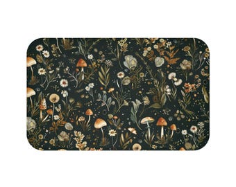 Alfombra de baño con motivos cottagecore oscuros, alfombra de baño con motivos florales, alfombra de baño con motivos botánicos vintage, alfombra de baño con motivos botánicos de bosque, alfombra de baño con motivos de hongos, alfombra de estilo académico oscuro