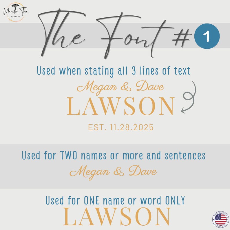 May include: A graphic with text that reads "The Font #1" and provides examples of how to use the font for names and sentences. The text includes "Megan & Dave Lawson" and "EST. 11.28.2025".