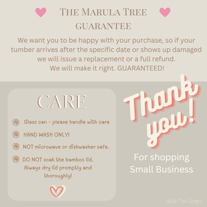 May include: A pink and white graphic with the text "The Marula Tree Guarantee" and "Care" with instructions for handling a glass tumbler. The text "Thank you!" is in pink and white with a pink heart. The text "For shopping Small Business" is in black.
