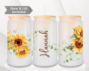 Vaso con diseño de girasol, vaso personalizado con diseño de girasol, vaso con tapa y pajita con diseño de girasol, taza de café helado esmerilada con diseño floral y nombre.