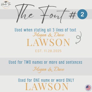 May include: A graphic design showcasing font options for text. The design features the words "The Font #2" in a stylized script, with examples of how the font can be used for different text lengths, including names and dates. The color palette includes shades of gray, blue, and gold.