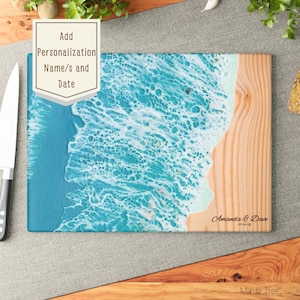 Personalized Ocean Cutting Board , Ocean Wave Charcuterie Board, Decorative Tempered Glass Kitchen Serving Board, Beach Wedding Gift