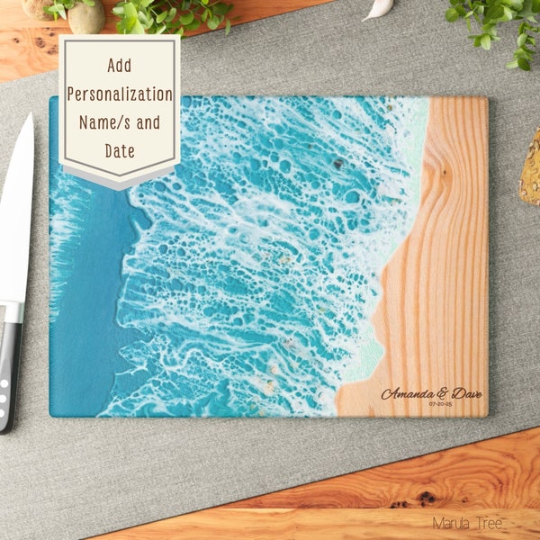 Personalized Ocean Cutting Board ,Handmade Ocean Wave Charcuterie Board, Decorative Tempered Glass Kitchen Serving Board, Beach Wedding Gift