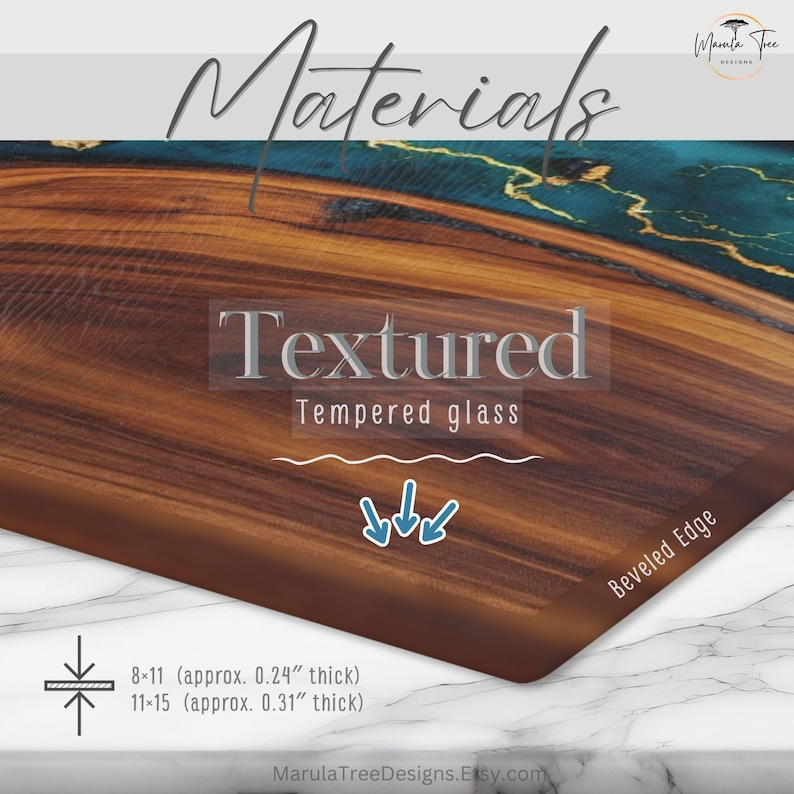 May include: A close-up of a wooden cutting board with a textured surface and a beveled edge. The board has a dark brown wood grain pattern with teal and gold accents. The text "Textured Tempered glass" is visible. The board is approximately 0.24 to 0.31 inches thick.