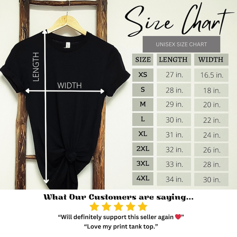 May include: Unisex size chart for a black t-shirt with measurements in inches. The chart shows the length and width of the shirt in different sizes, from XS to 4XL. The text "What Our Customers are saying..." is below the chart with five stars and two customer reviews.