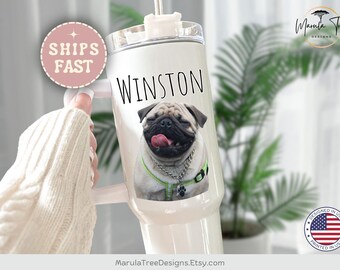 Custom Dog Portrait Tumbler 40oz with handle, Personalized Pet Photo Tumbler, Dog Lover Gift, Dog Memorial, Pet loss Gift for Pet Lovers