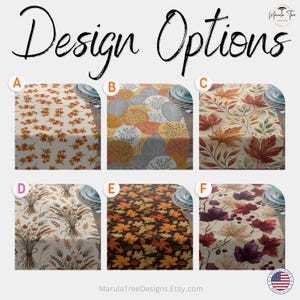 May include: Table runner design options with fall leaf patterns in various colors. The options include designs with orange, red, and brown leaves, as well as a design with wheat. The text "Design Options" is at the top.