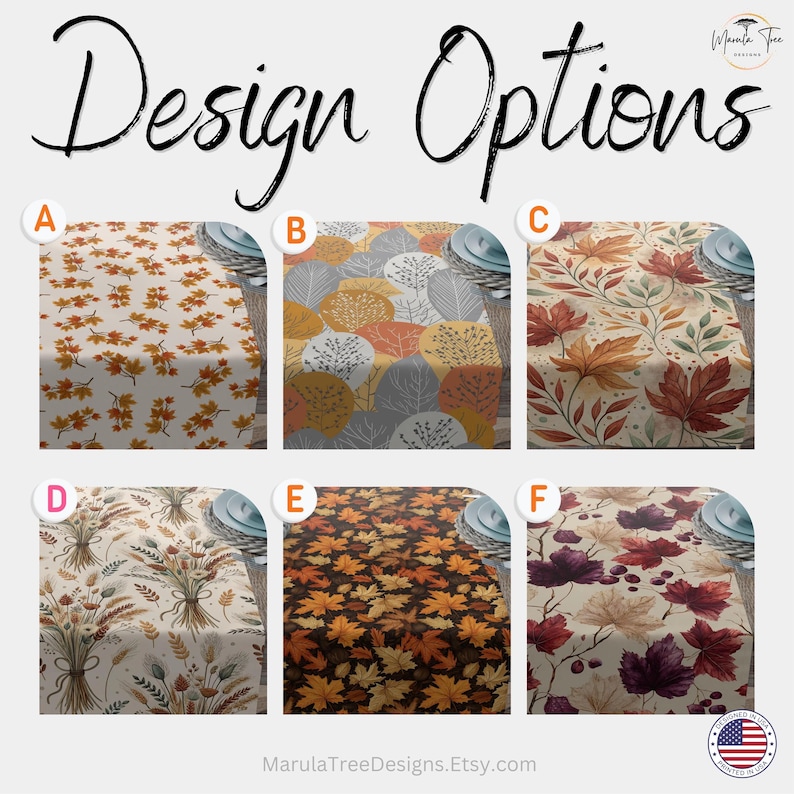May include: Table runner design options with fall leaf patterns in various colors. The options include designs with orange, red, and brown leaves, as well as a design with wheat. The text "Design Options" is at the top.