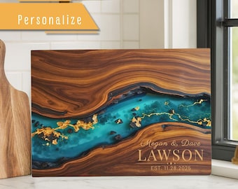 Personalized Glass Charcuterie Board, Epoxy River Resin Cutting Board, Custom wood-look Chopping Board, Realtor Kitchen Decor Closing Gifts