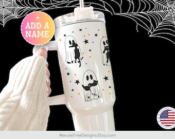 Halloween Ghosts Holding Cats Tumbler 40oz, Spooky Cat Tumbler with handle, Ghosts and Cats Tumbler, Cute Tumbler for cat lover, Ghosts cup