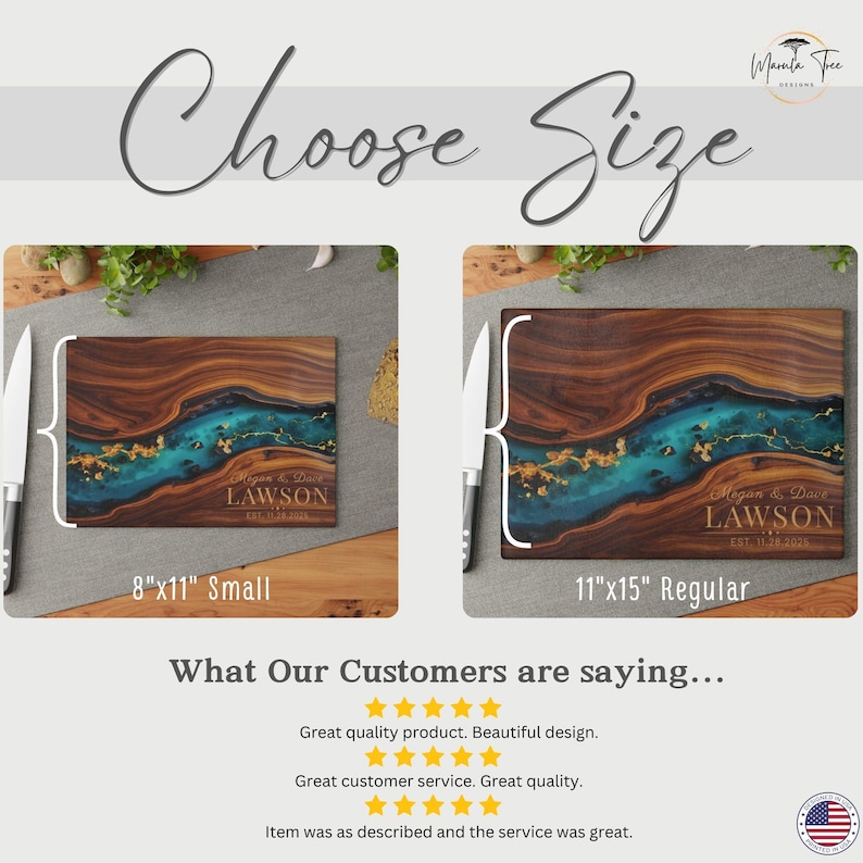 May include: Wooden cutting boards with a river of blue and gold resin. The image shows two sizes: 8"x11" and 11"x15". The boards are engraved with the name "Lawson" and the date "EST 10.28.2028". The text "Choose Size" is at the top.