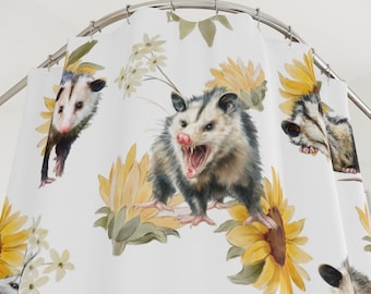 Cortina de ducha con diseño de zarigüeya, cortina de baño con zarigüeyas y girasoles, decoración divertida para el baño en residencias universitarias, cortinas de baño con animales divertidos, decoración con zarigüeyas