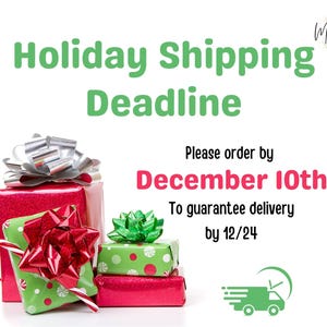 May include: Image with text: "Holiday Shipping Deadline." Presents wrapped in red and green paper with bows. Text: "Please order by December 10th to guarantee delivery by 12/24." A green delivery truck icon is also present.