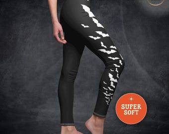 Leggings con estampado de murciélago, leggings góticos de temporada espeluznante, leggings negros de Halloween para mujer, pantalones de yoga suaves y espeluznantes, leggings de bruja