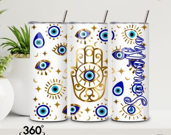 Evil Eye Tumbler, Personalized Evil Eye Tumbler with lid and straw, Spiritual Gifts For Women, Third Eye Tumbler, Custom hamsa Evil Eye Cup