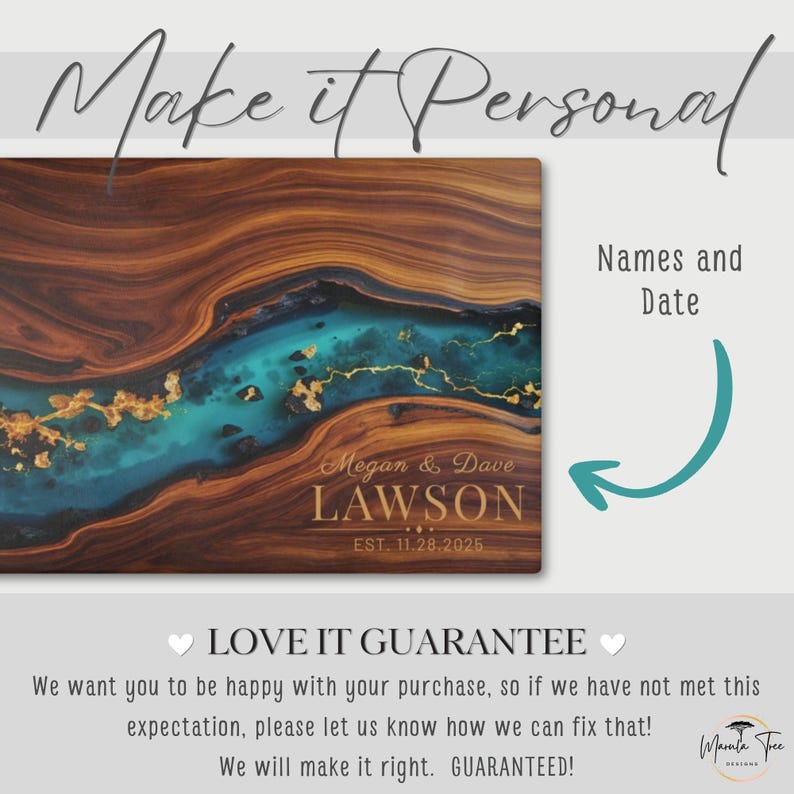 May include: A personalized wooden cutting board with a unique design. The board features a river of teal resin with gold accents flowing through a rich brown wood grain. The names "Megan & Dave Lawson" and the date "EST. 11.28.2025" are engraved on the board.