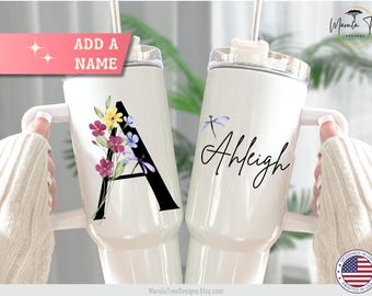 Personalized Initial Tumbler 40oz with Handle, Custom Name Tumbler, Monogram Coffee Cup, Bridesmaid Proposal Gift, Personalized Travel Mug