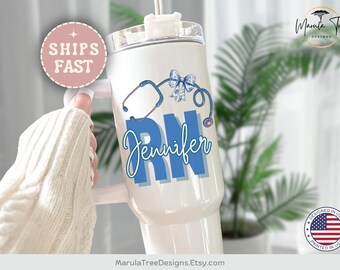 Nurse 40oz Tumbler with handle, Personalized RN Tumbler, Nurse Appreciation, Chinoiserie Tumbler, Custom Nurse Tumbler, New Nurse Graduation