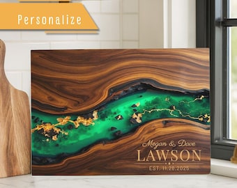 Personalized Glass Cutting board, Custom Green River board with names, Monogram Wedding Gift for Couple, Resin Look Charcuterie Tray