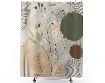 Minimalist Boho Shower Curtain, Natural Boho botanical lines shapes shower curtain, Sage green retro curtain, Creamy beige shower curtain
