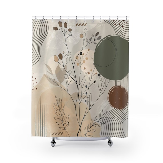 Minimalist Boho Shower Curtain, Natural Boho botanical lines shapes shower curtain, Sage green retro curtain, Creamy beige shower curtain