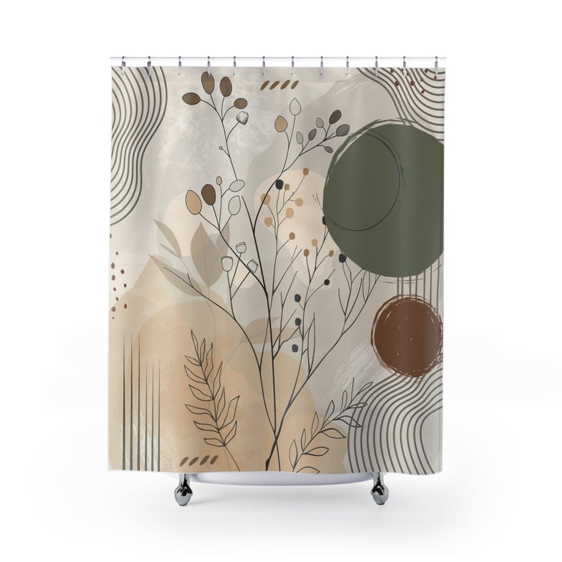 Minimalist Boho Shower Curtain, Natural Boho botanical lines shapes shower curtain, Sage green retro curtain, Creamy beige shower curtain