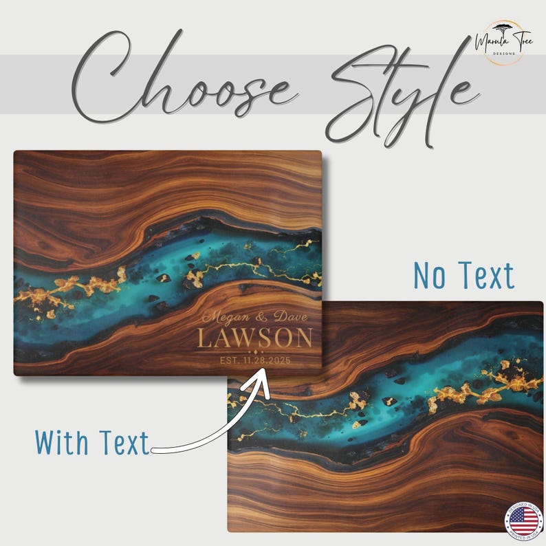May include: Wooden cutting boards with a river of turquoise resin and gold accents. One board has the text "Megan & Dave LAWSON EST. 11.28.2025". The image shows two style options: "With Text" and "No Text".