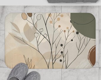 Alfombra de baño minimalista bohemia, alfombra de ducha con formas botánicas bohemia naturales, alfombra de bañera retro verde salvia, alfombra de baño beige cremoso