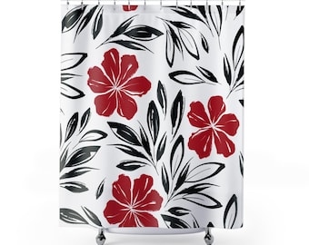 Cortina de ducha con flores de amapola, cortina de baño con flores rojas, tela impermeable, decoración floral para baño, diseño botánico minimalista, rojo, blanco y negro