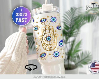 Evil Eye Tumbler 40oz, Personalized Evil Eye Tumbler with handle, Spiritual Gift for women, Third Eye Tumbler, Custom hamsa Evil Eye tumbler