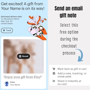May include: An illustrated graphic with the text "Get excited! A gift from Your Name is on its way!" and "Enjoy your gift from Etsy!". The image includes a gift box, hands, and a call to send an email gift note.