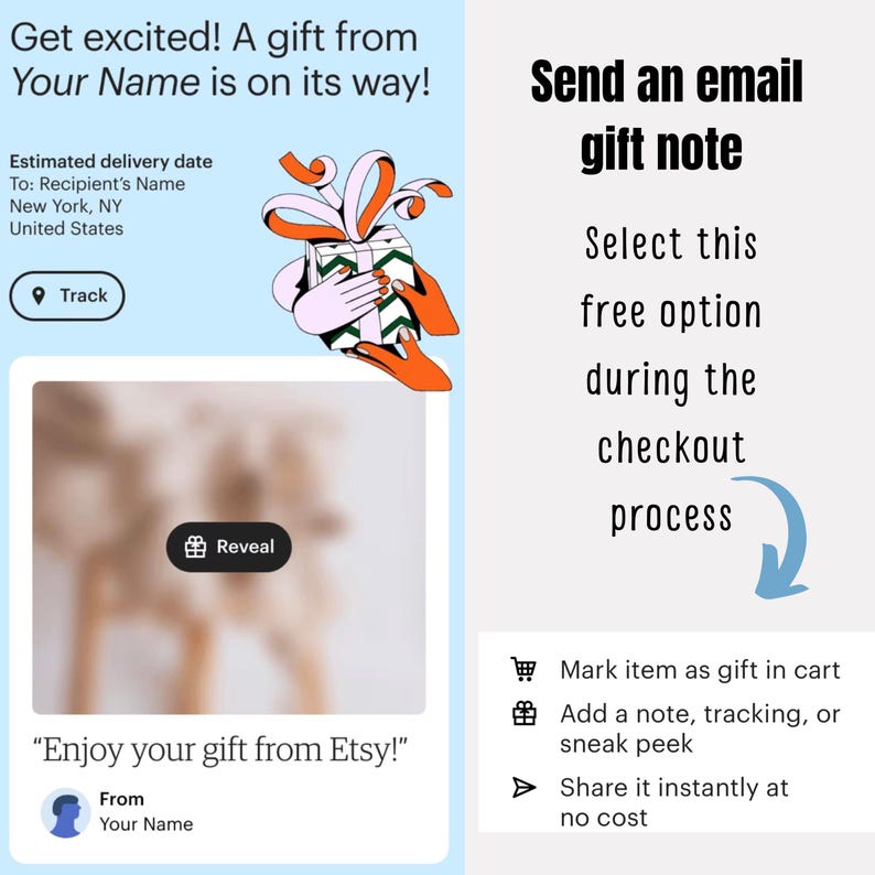 May include: An illustrated graphic with the text "Get excited! A gift from Your Name is on its way!" and "Enjoy your gift from Etsy!". The image includes a gift box, hands, and a call to send an email gift note.