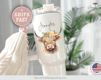 Highland Cow Tumbler 40oz with handle, Personalized cow Tumbler, Cow Gift, Highland Cow Cup, Cow Lover Gift for Her, Cow travel cup