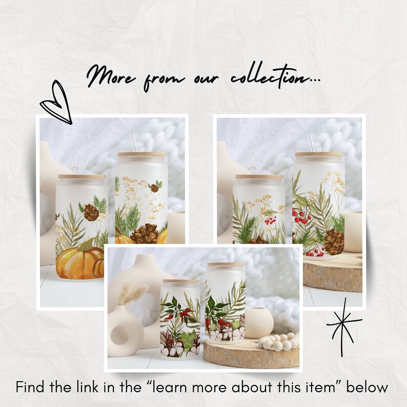 May include: Four different designs of reusable tumblers with straw lids. The tumblers feature fall-themed designs with pumpkins, pine cones, berries, and leaves. The tumblers are white with a frosted finish.