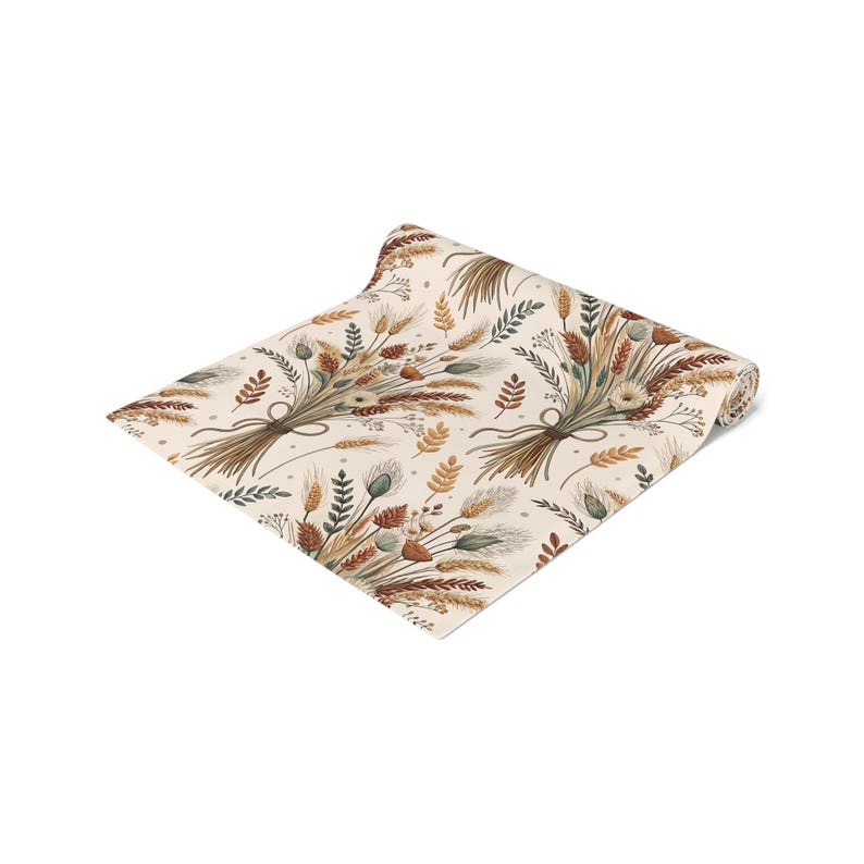 Fall harvest table runner, Thanksgiving holiday table setting, Harvest wheat neutral fall decor, Green beige autumn reusable cloth napkins image 3