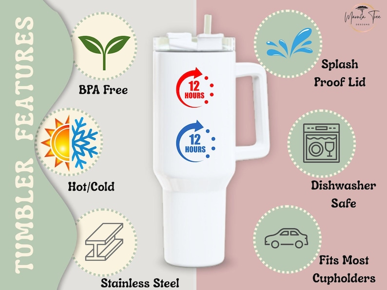 May include: White tumbler with a handle and straw, featuring the text "12 HOURS" in red and blue. The tumbler is BPA-free, dishwasher safe, and fits most cupholders. It keeps drinks hot or cold for 12 hours and is made of stainless steel.