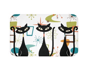 Alfombra de baño con diseño de gato atómico, alfombra de ducha moderna de mediados de siglo, alfombra de baño con gatos negros de MCM, baño retro, decoración kitsch de los años 50 con gatos Sexton, alfombra con diseño de gato atómico