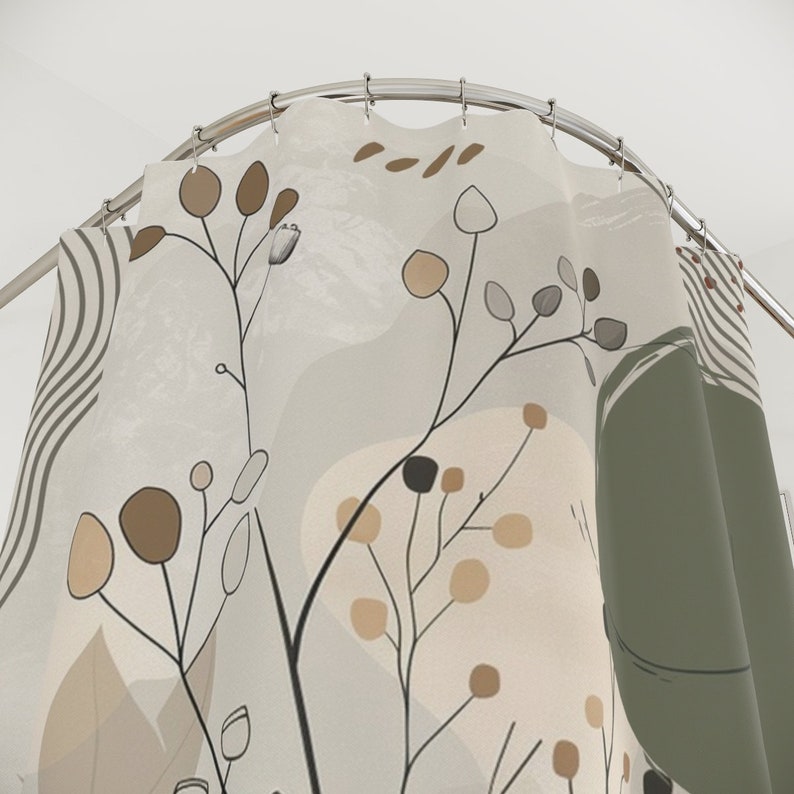 May include: A shower curtain with a beige background and a pattern of brown and beige stylised branches and leaves. The curtain has a green section on the right side.